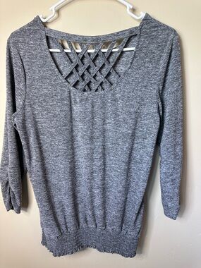 Apt. 9 SMALL Heather Gray Lattice-Back 3/4 Sleeve Top w/Wide Elastic Hem P2P 19”